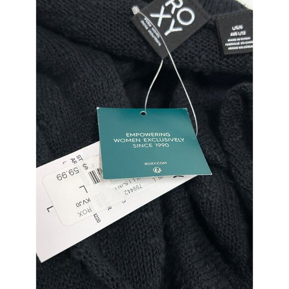 ROXY Rolling Hills Sweater Sz L Black Ruched Front Tie Knit Cotton Nylon Blend - Picture 12 of 13